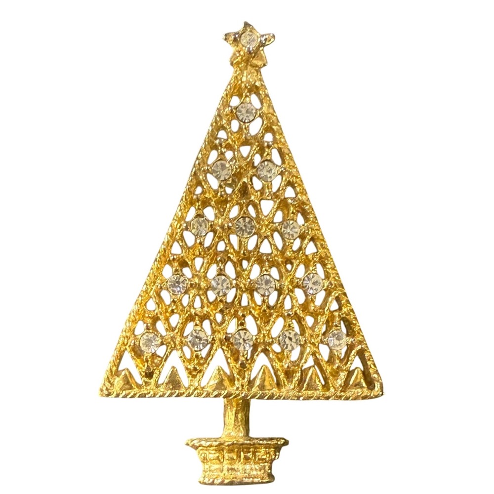 Christmas Tree Brooch Gold‎ Tone Rhinestone Holiday Pin Jewelry
